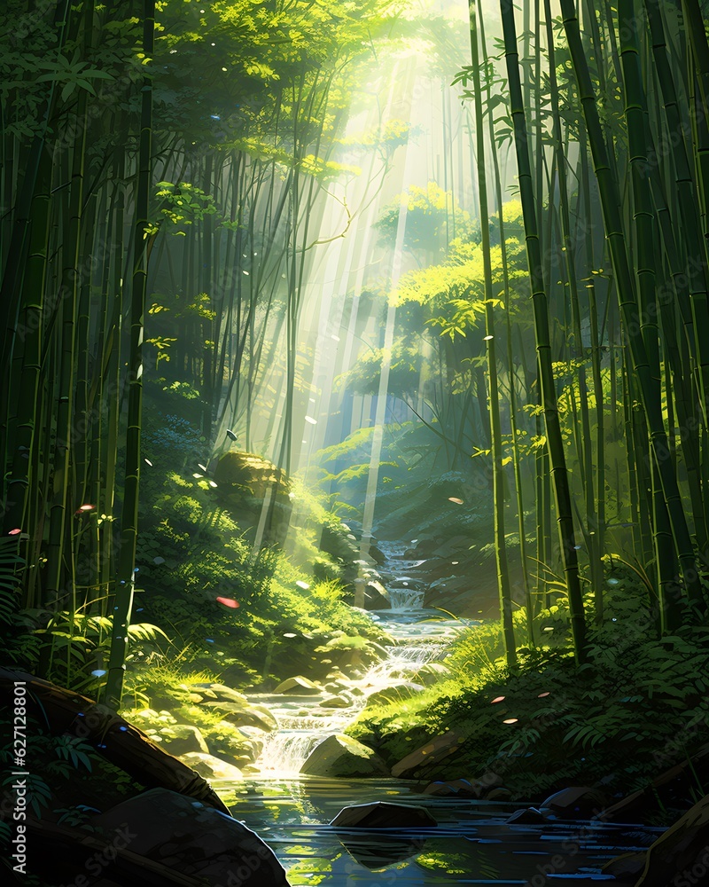 Wander through a Mystical Bamboo Forest, Bathed in Dappled Sunlight and Serenity