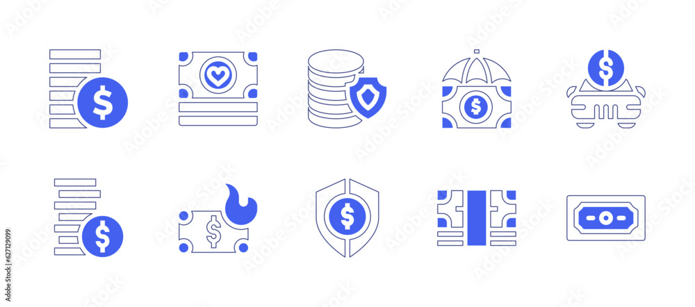 Money icon set. Duotone style line stroke and bold. Vector illustration. Containing money, coin, profits.