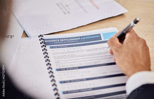 Картината върху платно Divorce contract, hand and person sign legal paperwork, documents or settlement agreement for assets