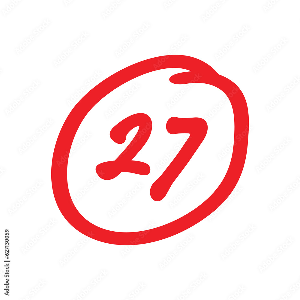 27 points test score, twenty seven mark, grade results illustration, red color on white background 27 points test score, twenty seven mark, grade results illustration, red color on white background