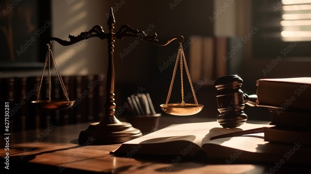International human rights day concept: Wooden judge gavel with scales on the library,
Gold brass balance scale, weight balance, imbalance scale  wooden desks,
 Law and Justice concept:  Generative AI - obrazy, fototapety, plakaty 