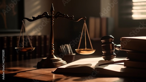 Fotografie, Obraz International human rights day concept: Wooden judge gavel with scales on the li