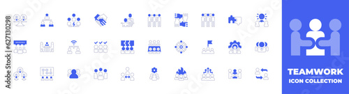 Teamwork icon collection. Duotone style line stroke and bold. Vector illustration. Containing scale, user, intermediary, collaboration, interview, network, cooperation, joint effort, puzzle, and more.