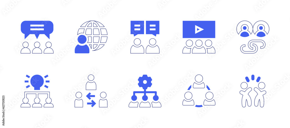 Teamwork icon set. Duotone style line stroke and bold. Vector illustration. Containing discuss, world, chat, meeting, link, understand, mediator, teamwork.
