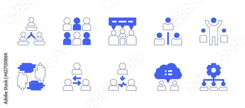 Teamwork icon set. Duotone style line stroke and bold. Vector illustration. Containing teamwork, human resources, conversation, intermediary, leader, team spirit, team management.