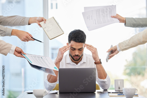 Photos Business man, stress and demand in office with headache, anxiety and fatigue of challenge