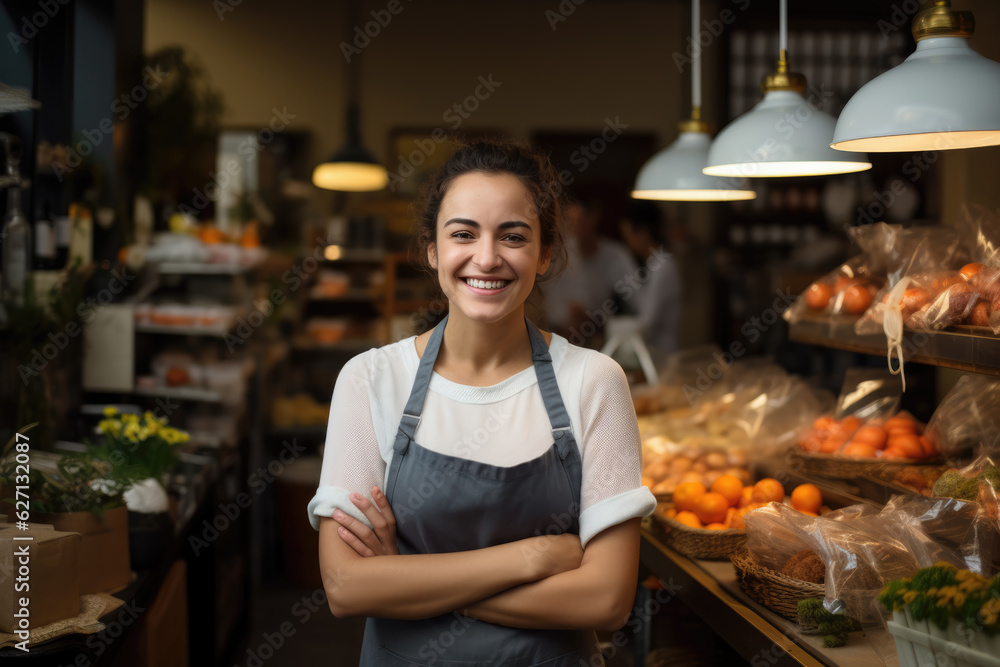 Portrait of a Smiling Women Store Worker, Standing in Grocery Store