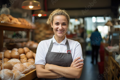 Portrait of a Smiling Elderly Women Bakery Store Worker, Standing in Bakery 