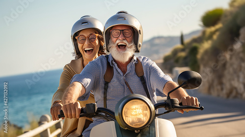 Ein glückliches Ehepaar auf einem Motorroller am Mittelmeer im Urlaub