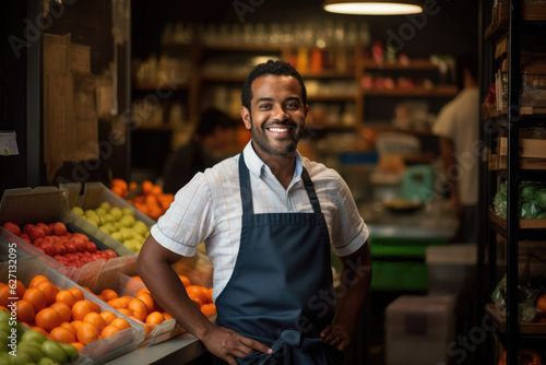 Portrait of a Smiling Man Store Worker, Standing in Grocery Store