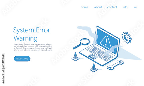 Landing page template system error warning on laptop screen. Isometric vector.