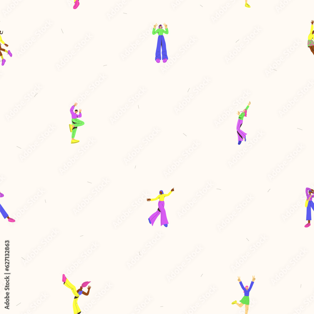 Minimalistic vector seamless pattern with young peoples in trendy flat style. Funny character. Student in school or university. International day of young people. Ideal for gift paper Minimalistic vector seamless pattern with young peoples in trendy flat style. Funny character. Student in school or university. International day of young people. Ideal for gift paper