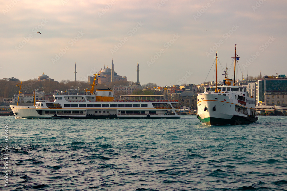 two ferries travel on the goldenhorn in Istanbul