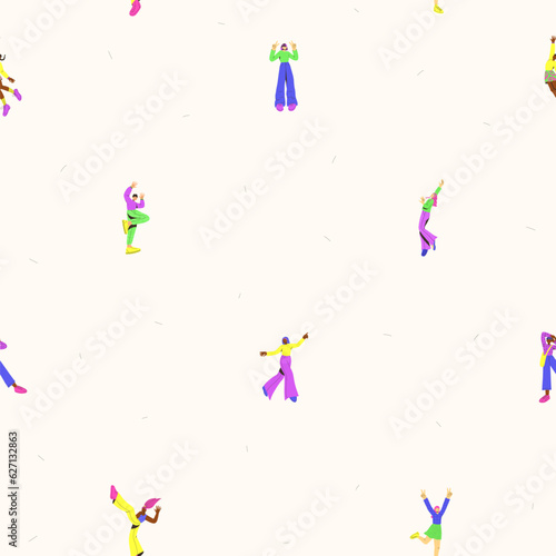 Minimalistic vector seamless pattern with young peoples in trendy flat style. Funny character. Student in school or university. International day of young people. Ideal for gift paper