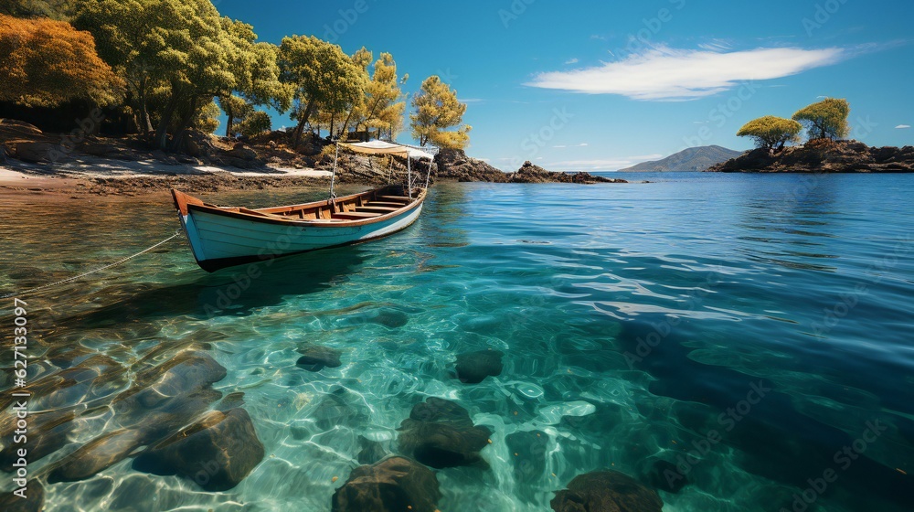 Obraz premium 美しい海の海岸付近に浮かぶ小舟