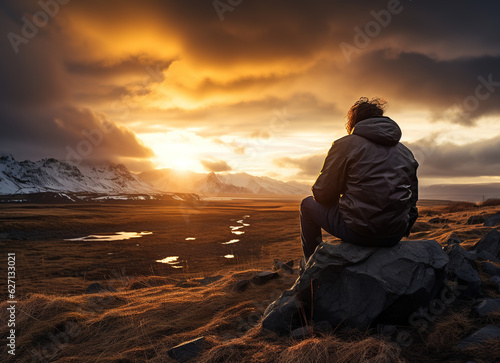 silhouette of a person sitting on a rock  overlooking a vast plain 