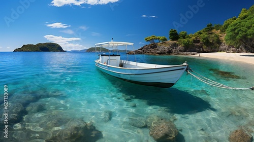 美しい海の海岸付近に浮かぶ小舟 © shin project