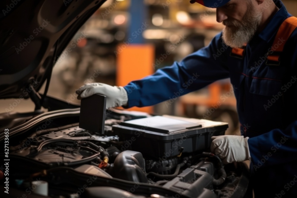 Obraz premium a car mechanic in a service center picking up a new battery to replace the car. for cars that use the service Replace the battery at the store