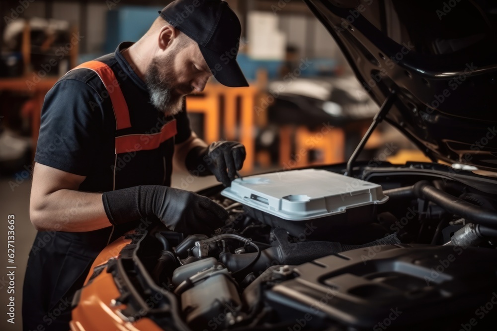 a car mechanic in a service center picking up a new battery to replace the car. for cars that use the service Replace the battery at the store a car mechanic in a service center picking up a new battery to replace the car. for cars that use the service Replace the battery at the store