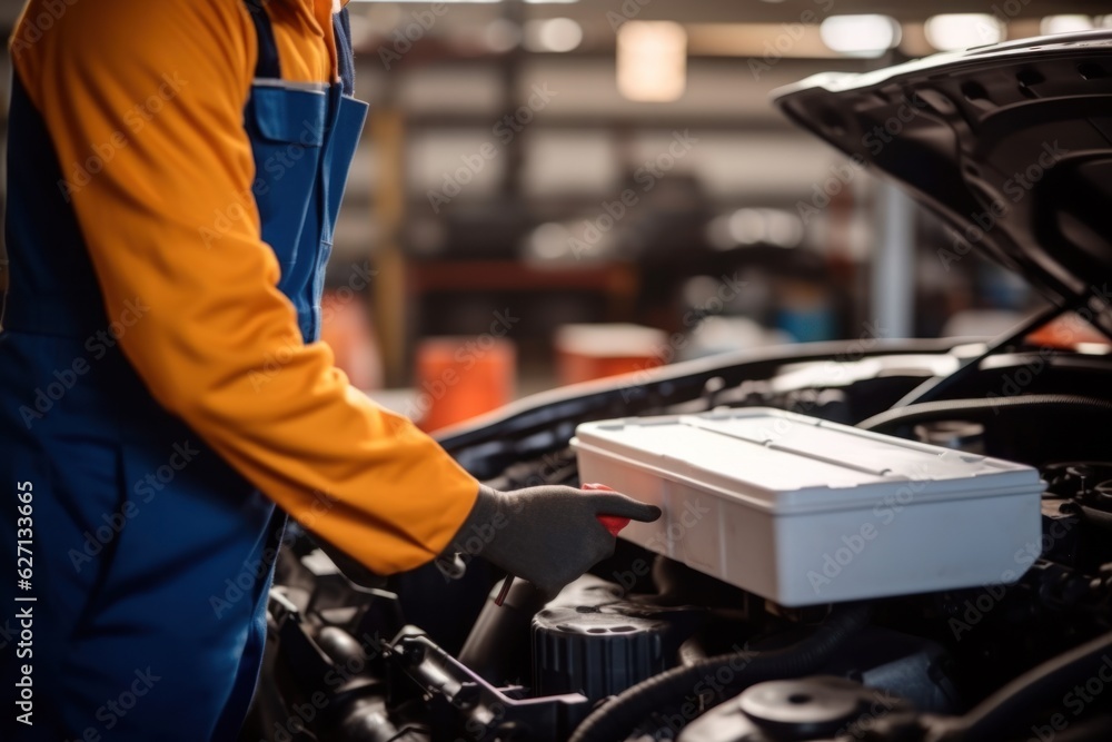 a car mechanic in a service center picking up a new battery to replace the car. for cars that use the service Replace the battery at the store a car mechanic in a service center picking up a new battery to replace the car. for cars that use the service Replace the battery at the store