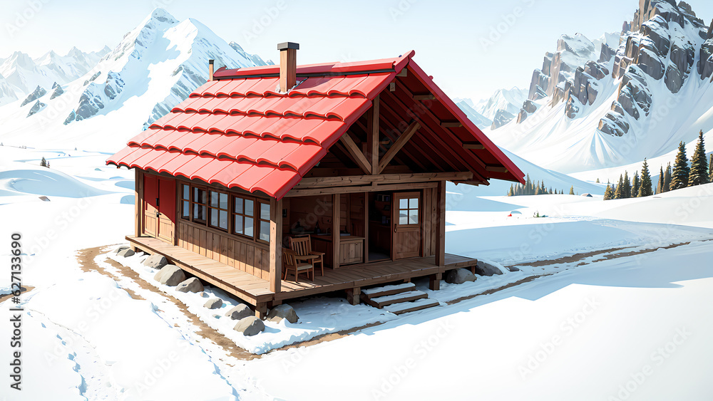 Wooden house in the mountains - lanscape cartoon illustrations 