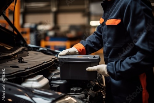 a car mechanic in a service center picking up a new battery to replace the car. for cars that use the service Replace the battery at the store