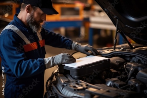 a car mechanic in a service center picking up a new battery to replace the car. for cars that use the service Replace the battery at the store