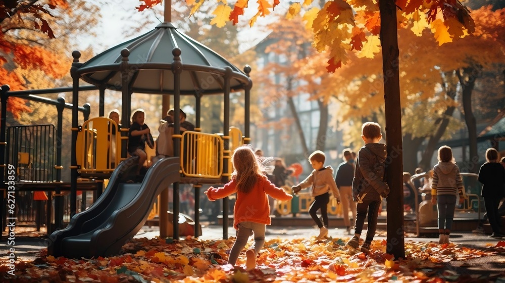 Naklejka premium Children happily explore playground, slides, swings, fun