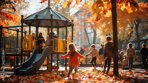 Children happily explore playground, slides, swings, fun