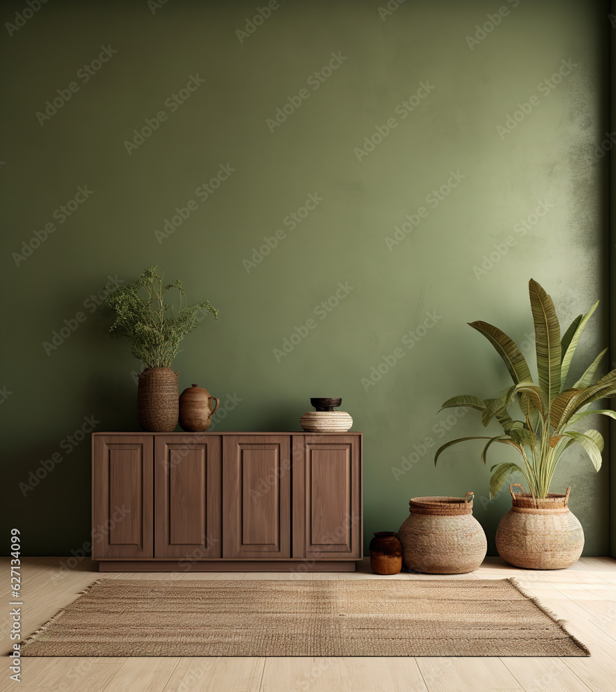 interior green room with a plant and carpet - obrazy, fototapety, plakaty 
