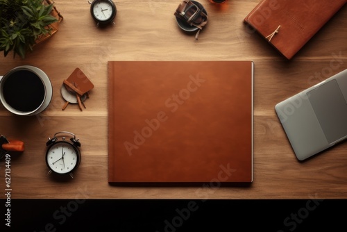 Top view Office desk with office tools, computer laptop on wood table background with copy space. Generative AI