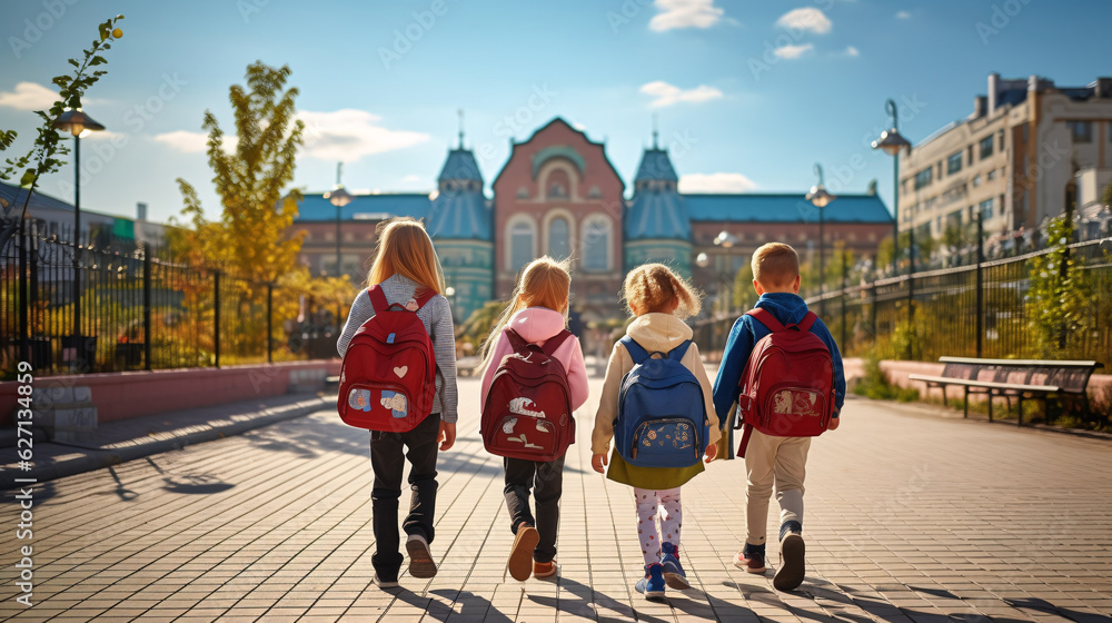 Obraz premium Group of schoolboy with backpacks on their way to school. Back to school concept. 