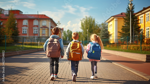 Group of schoolboy with backpacks on their way to school. Back to school concept. 