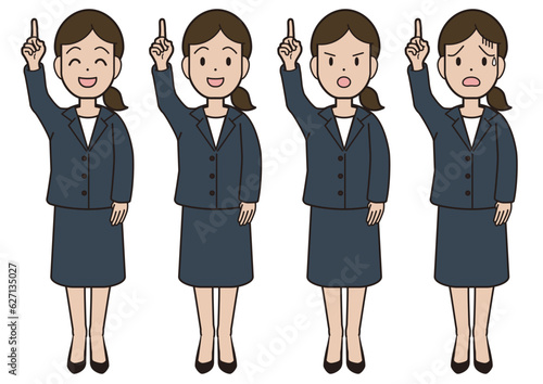 A young woman in a suit pointing a finger Presentation guide introduction