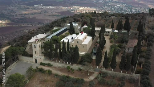 Drone view of the Church of the Transfiguration on top of Mt. Tavor, Israel photo