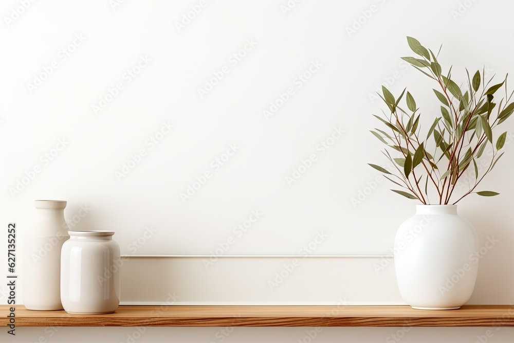 Home decoration items, such as vases, succulent plants, and branches, are placed on a wooden shelf positioned against a white wall. A banner with ample blank space is present for adding text. Home decoration items, such as vases, succulent plants, and branches, are placed on a wooden shelf positioned against a white wall. A banner with ample blank space is present for adding text.