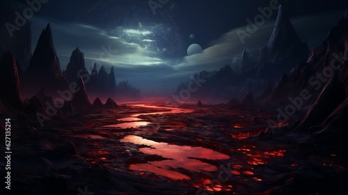 Fiery volcano against night sky, lava splashes © Halim Karya Art