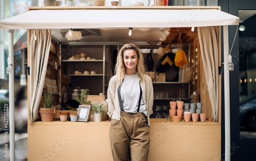 Young woman owner, seller or shop assistant of a pop-up business shop. Generative AI