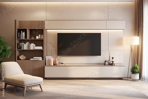 In the room s interior design  there is a contemporary television placed on top of a cabinet. A white table and a shelving unit are located nearby  with a beige wall serving as the backdrop.