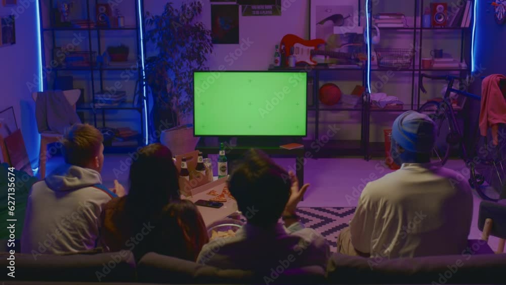 Full rear shot of four multiethnic friends sitting together on couch in dark room with pizza and beer, watching TV show or movie, discussing, pointing at blank green screen. Template, copy space Full rear shot of four multiethnic friends sitting together on couch in dark room with pizza and beer, watching TV show or movie, discussing, pointing at blank green screen. Template, copy space