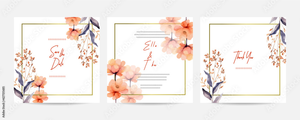 Arrangement of nude water lily flowers and leaves at corner frame hand painting on wedding invitation card. Rustic wedding card invitation theme.