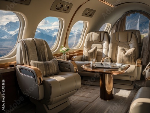 A business jet sitting with tables and other seating in the style of dark beige and grey, modern and luxury. Generative AI