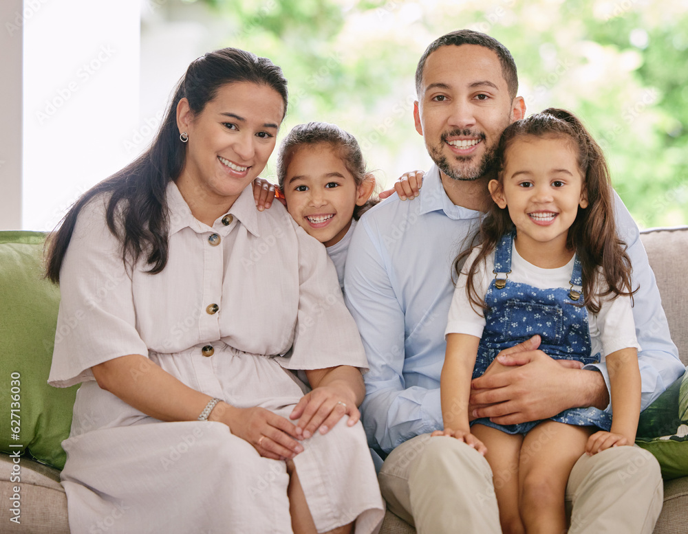 Happy, smile and family portrait on a sofa with love, embrace and bonding in their home together. Face, children and parents on a couch relax, sweet or embracing in living room, cheerful and chilling Happy, smile and family portrait on a sofa with love, embrace and bonding in their home together. Face, children and parents on a couch relax, sweet or embracing in living room, cheerful and chilling