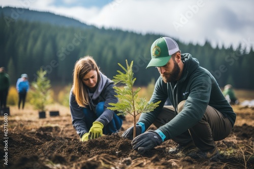 Volunteering. Young people volunteers outdoors reforestation. Generative AI