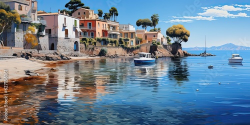 illustration of Europe coastal line village in painting style by generative AI photo