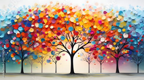 Leinwand Poster Colorful tree with leaves on hanging branches illustration background