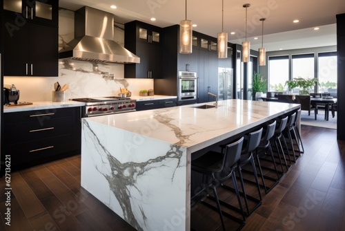 In the lavish new residence, there is a stylish kitchen featuring a quartz waterfall island, elegant wooden flooring, sophisticated dark cabinets, and modern stainless steel appliances.