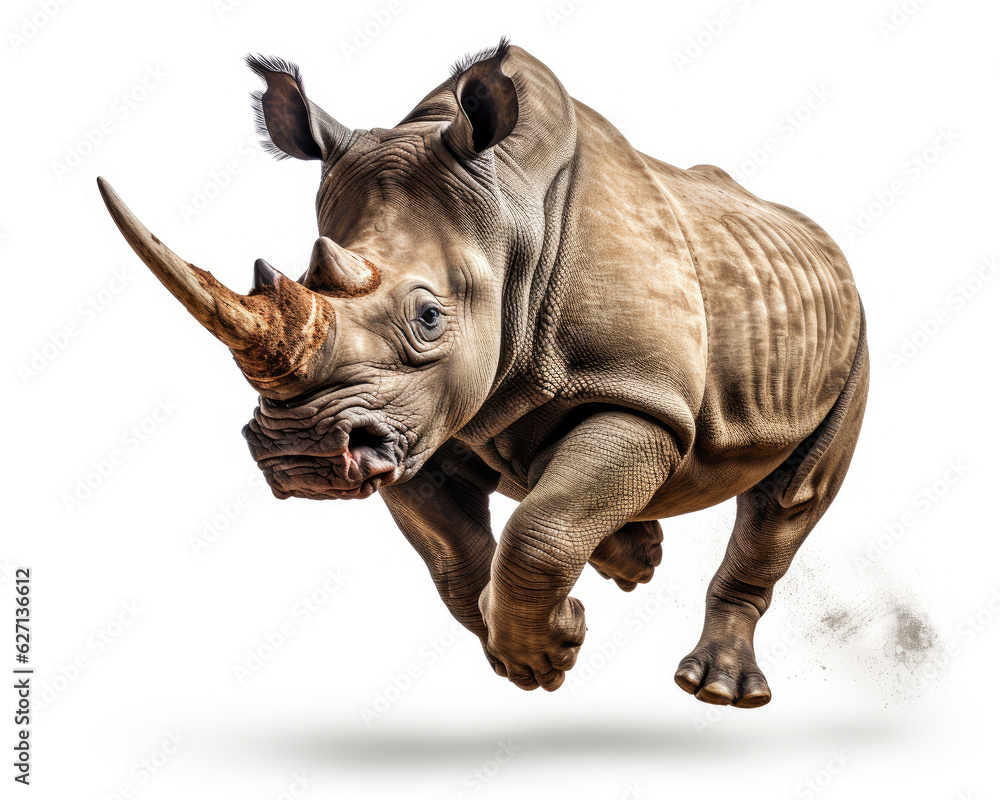 a rhinoceros jumping on isolate white background Generative ai - obrazy, fototapety, plakaty 