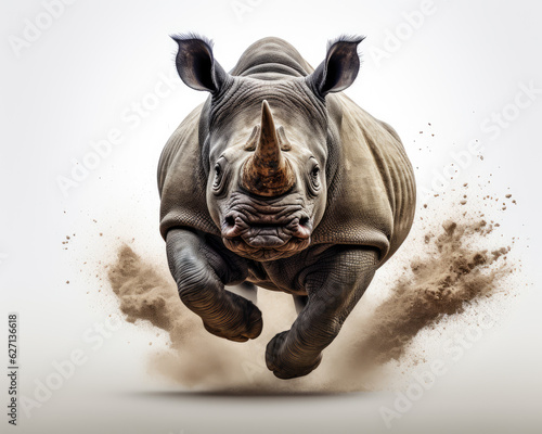 a rhinoceros jumping on isolate white background Generative ai photo