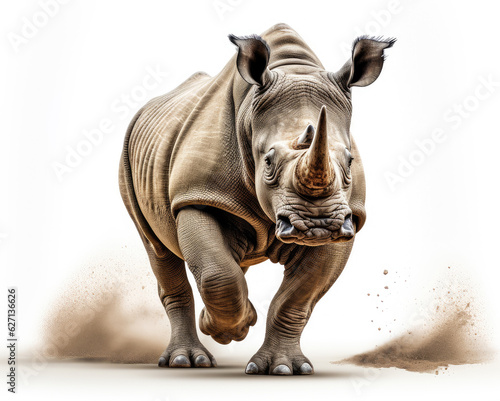 Fototapeta a rhinoceros jumping on isolate white background Generative ai